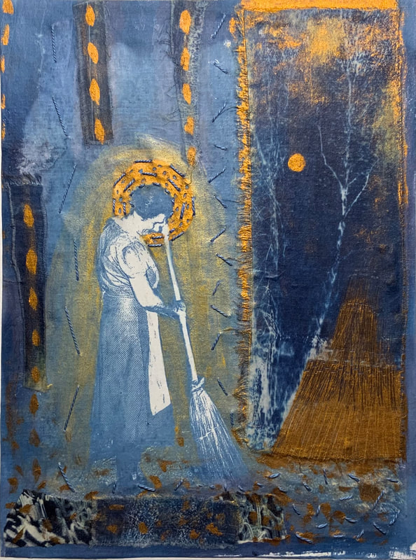 "Angel of the Sunny Side" - cyanotypes on cotton and paper, embroidery, oil & wax, mounted on canvas panel, 12 x 9 inches